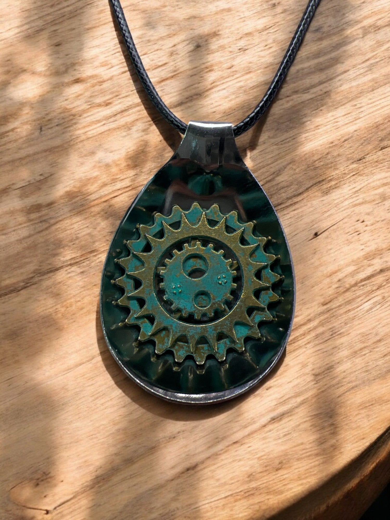 Spoon Pendant With Gold-Toned Gears With 18" Adjustable Necklace