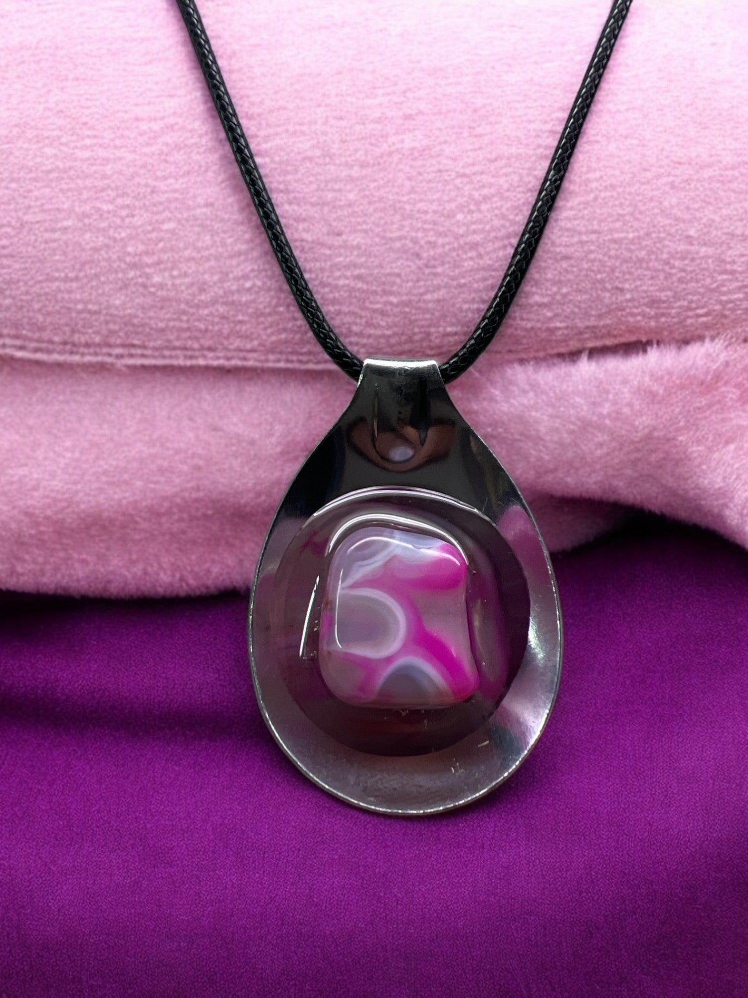 Pink Dyed Agate Spoon Pendant With 18" Adjustable Cord