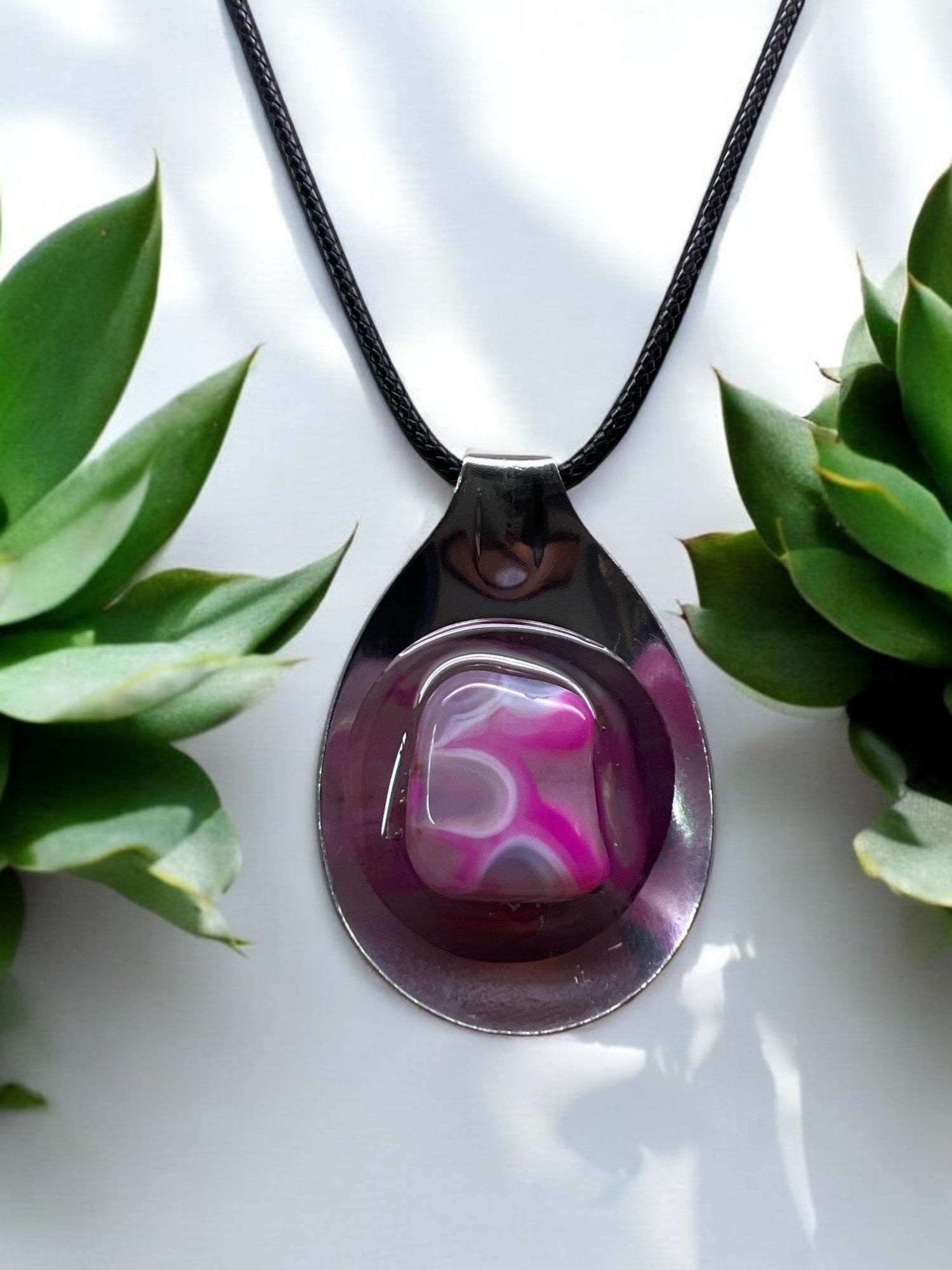 Pink Dyed Agate Spoon Pendant With 18" Adjustable Cord