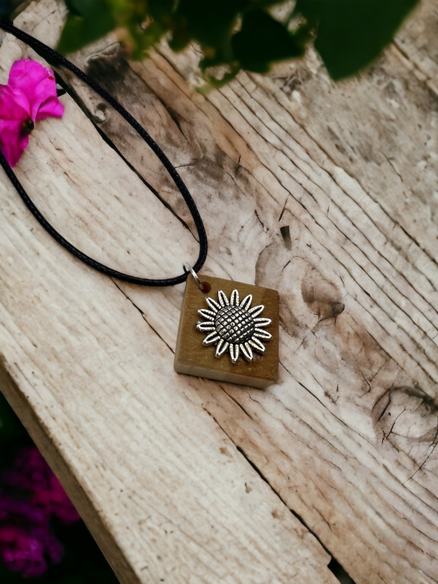 Square Wood Necklace With Stainless Steel Sunflower Charm 18" Adjustable Necklace
