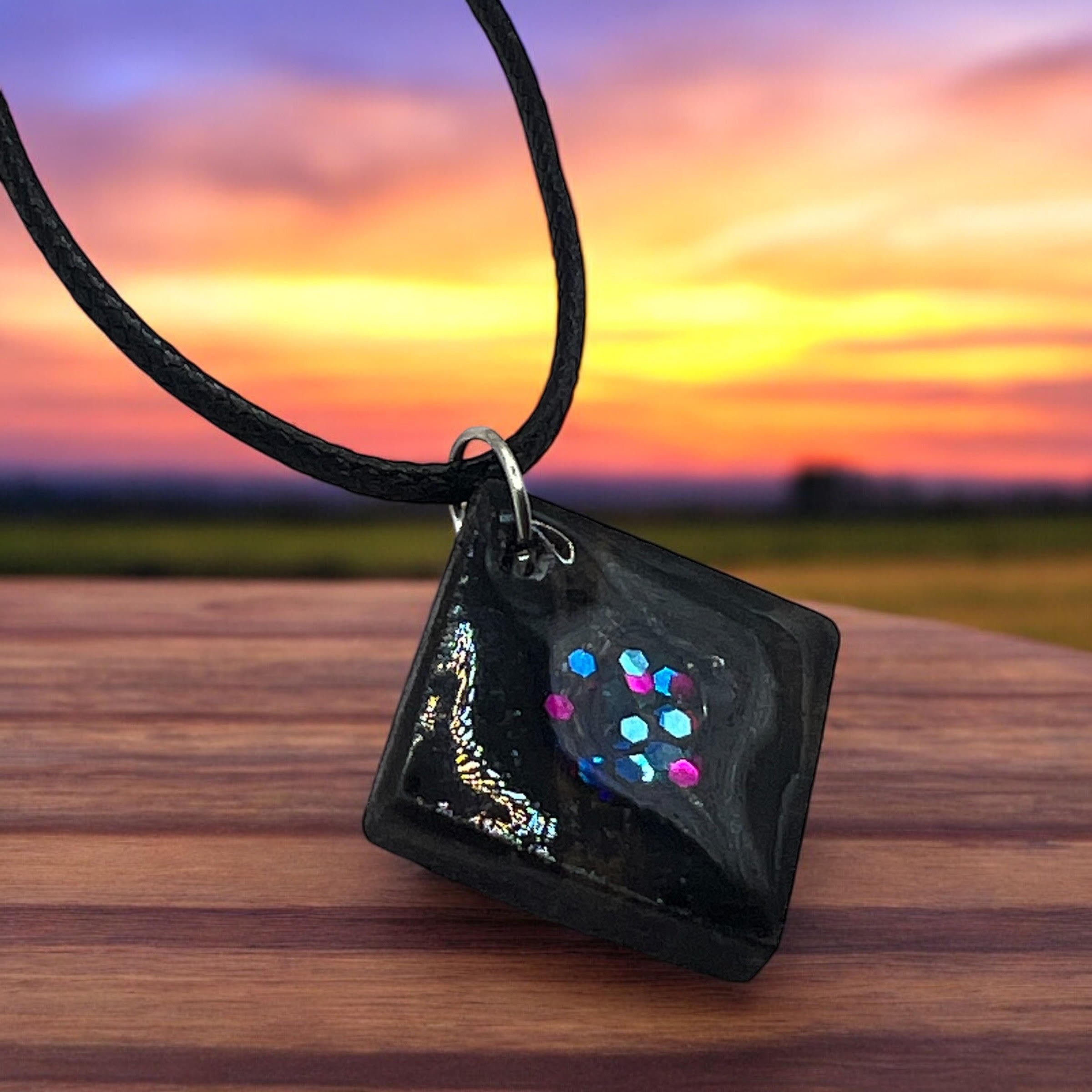 Square Poplar Wood Charm With Colored Resin Glitter Inlay Comes With 18" Adjustable Necklace