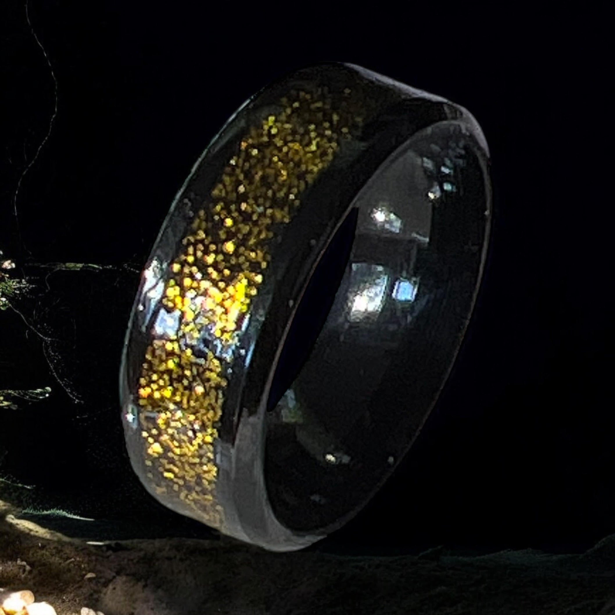 Gold Rush – Stainless Steel Ring With Black Polymer Clay Inlay And Gold Glitter