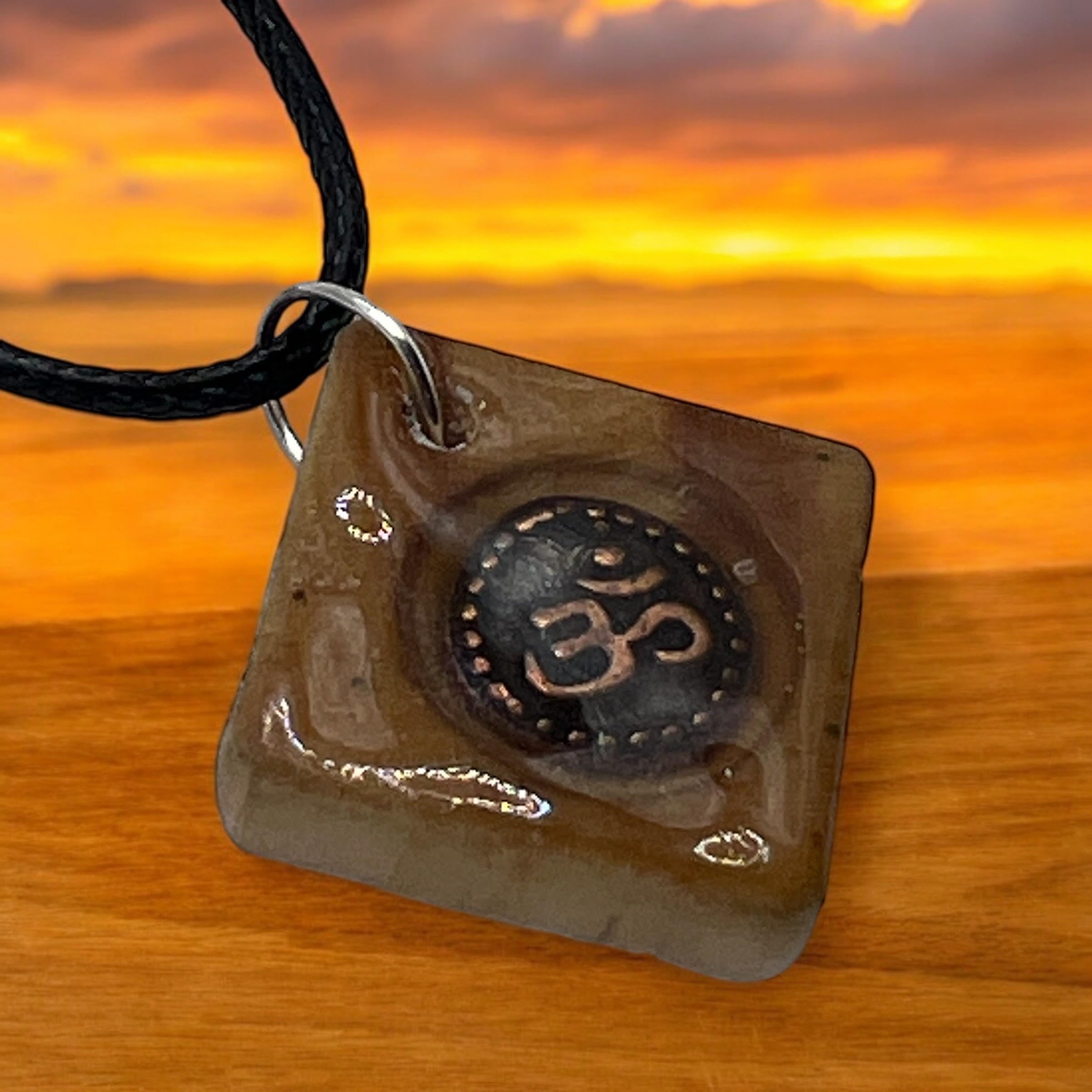 Wood square necklace with resign and Om symbol 18" adjustable necklace