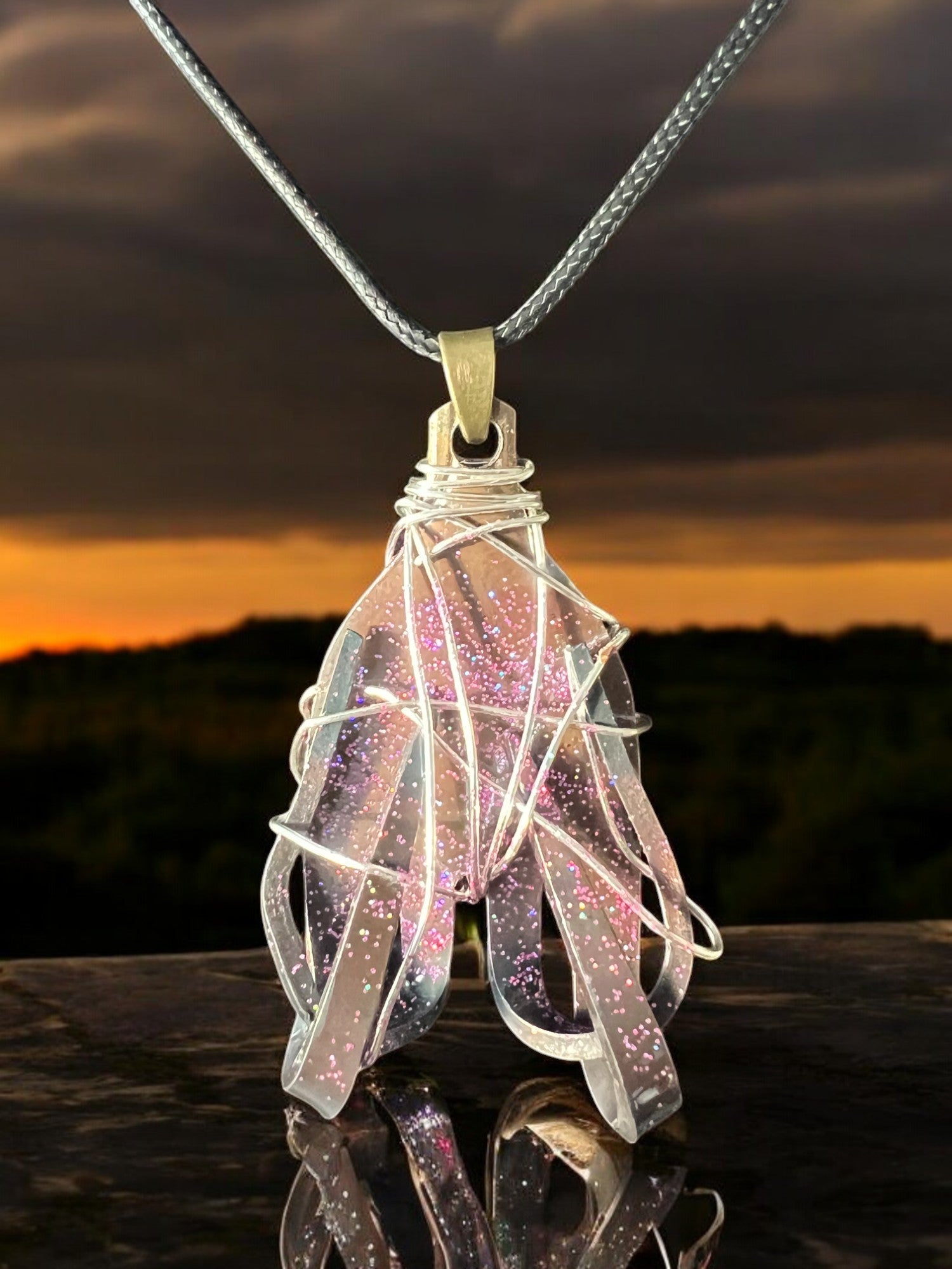 Handcrafted Stainless Steel Pink Glitter Necklace With 18" Adjustable Necklace