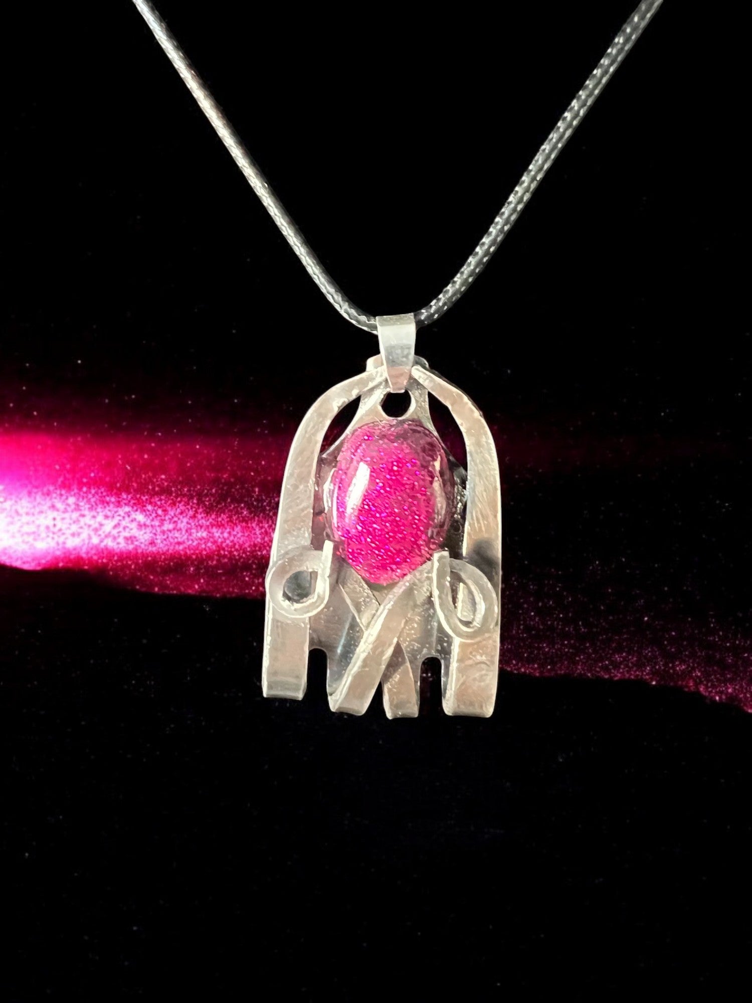 Handcrafted Stainless Steel Necklace With Resin Pink Glitter Stone Comes With 18" Adjustable Necklace