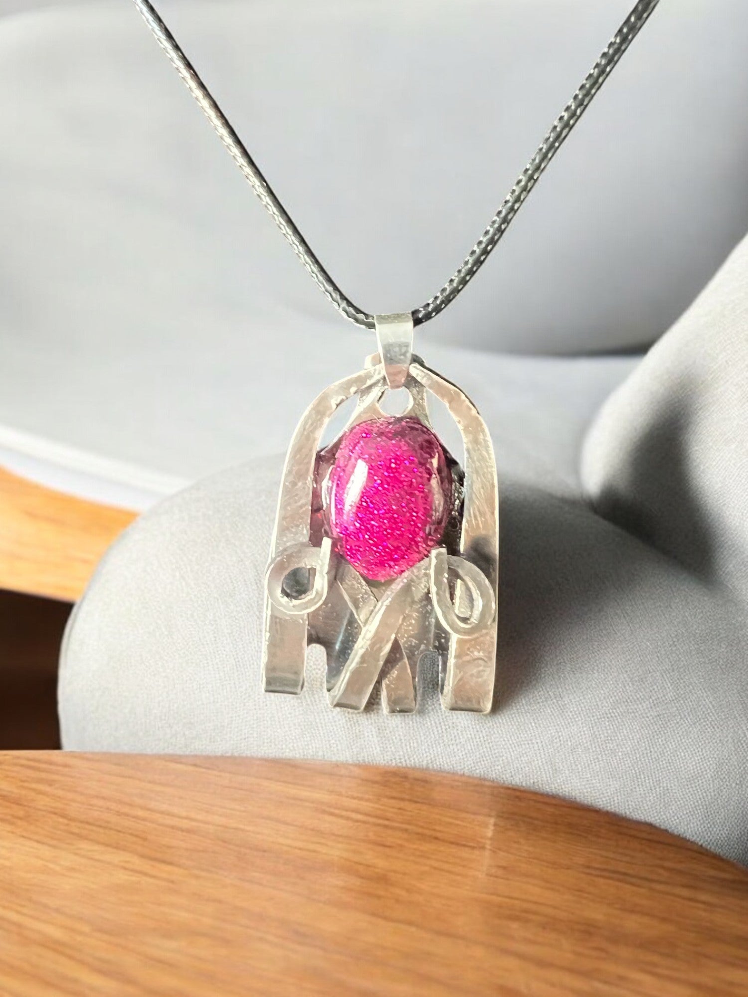 Handcrafted Stainless Steel Necklace With Resin Pink Glitter Stone Comes With 18" Adjustable Necklace