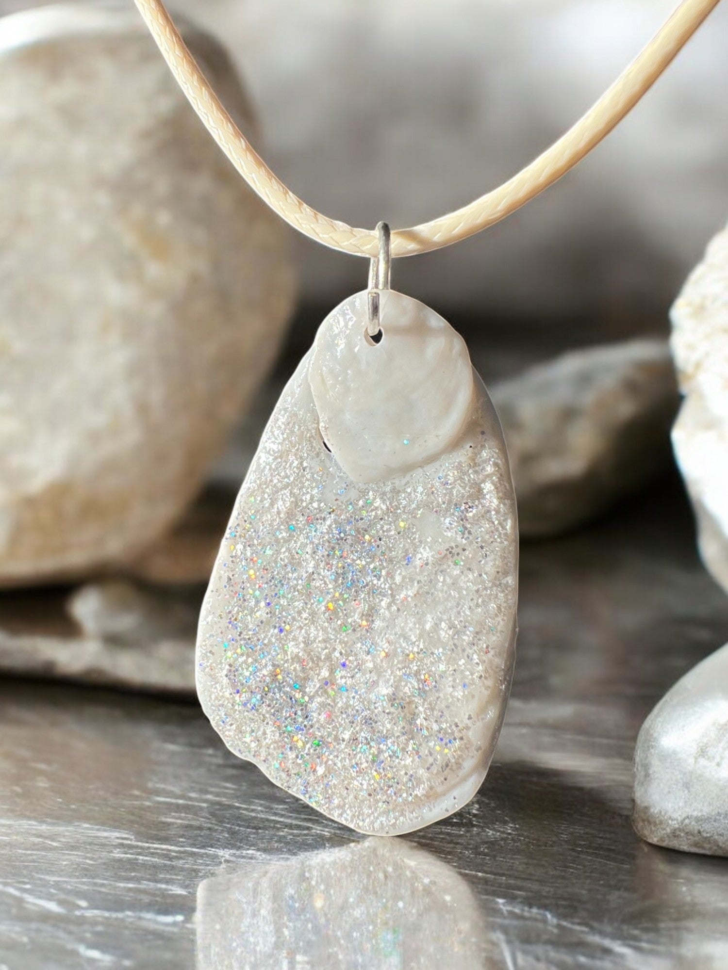 Sea Shell Necklace With Glitter With 18" Adjustable Necklace