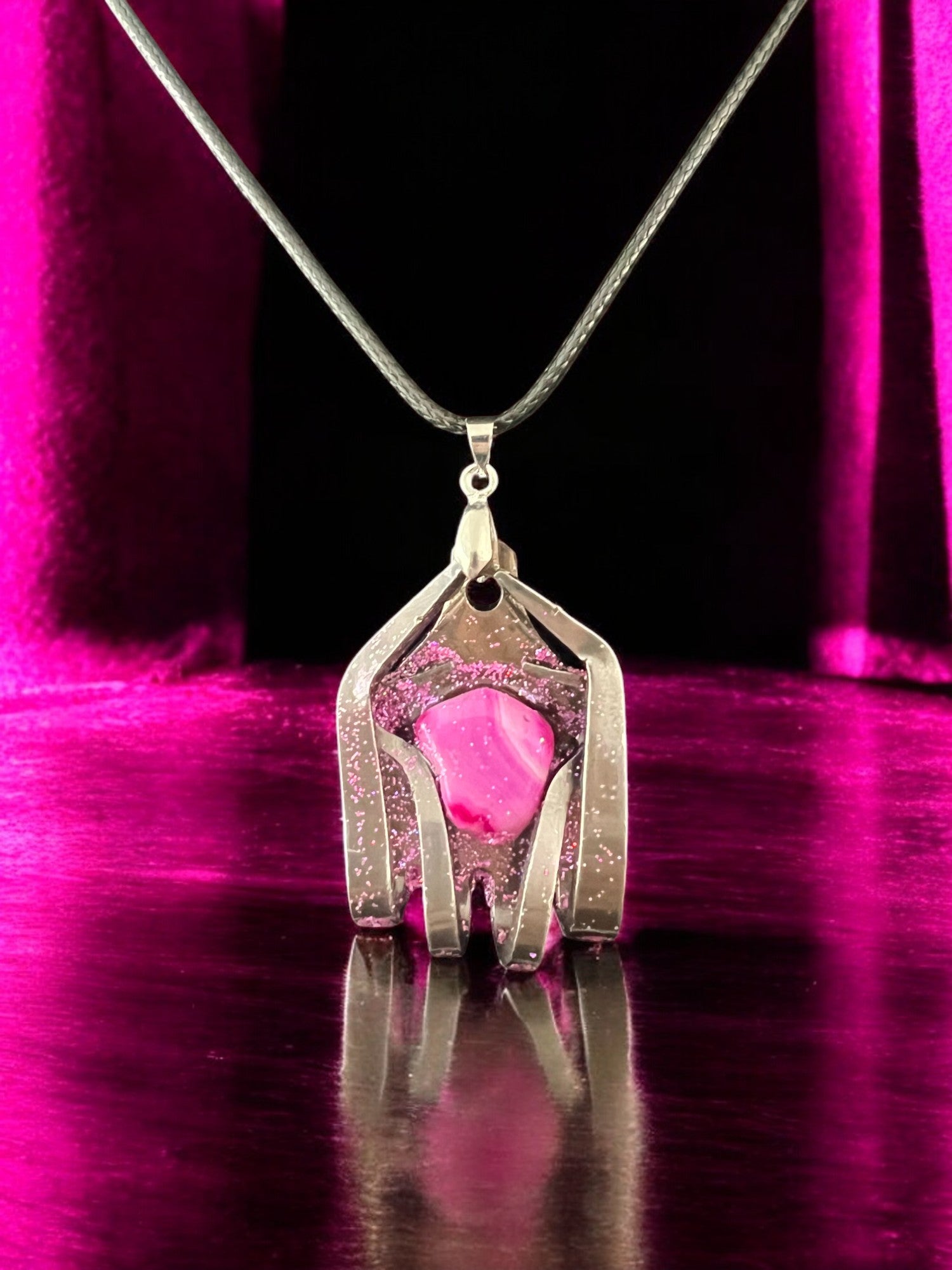 Handcrafted Metal Necklace With Pink Dyed Agate Comes With 18" Adjustable Necklace