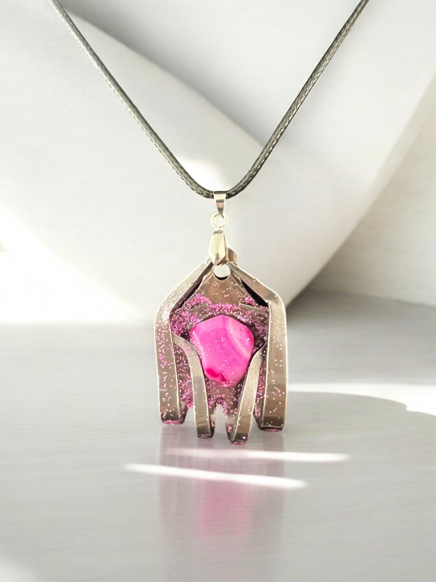 Handcrafted Metal Necklace With Pink Dyed Agate Comes With 18" Adjustable Necklace