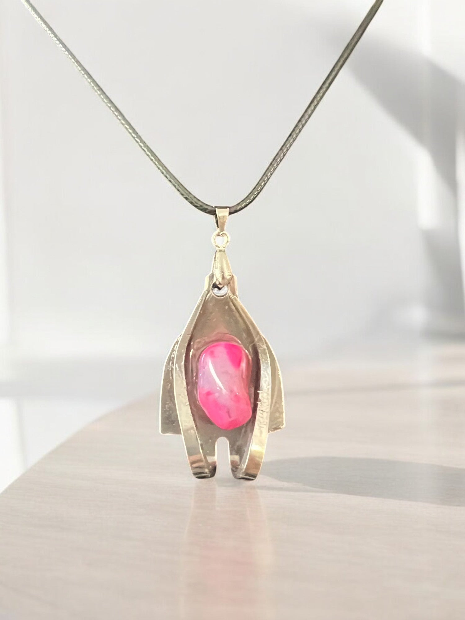 Stainless Steel Necklace With Pink Dyed Agate Stone Comes With 18" Adjustable Necklace