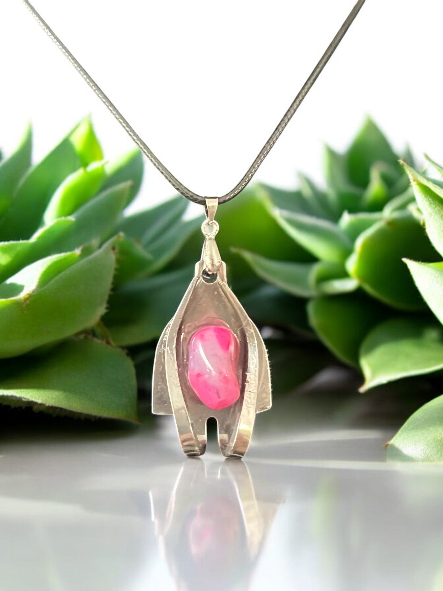 Stainless Steel Necklace With Pink Dyed Agate Stone Comes With 18" Adjustable Necklace