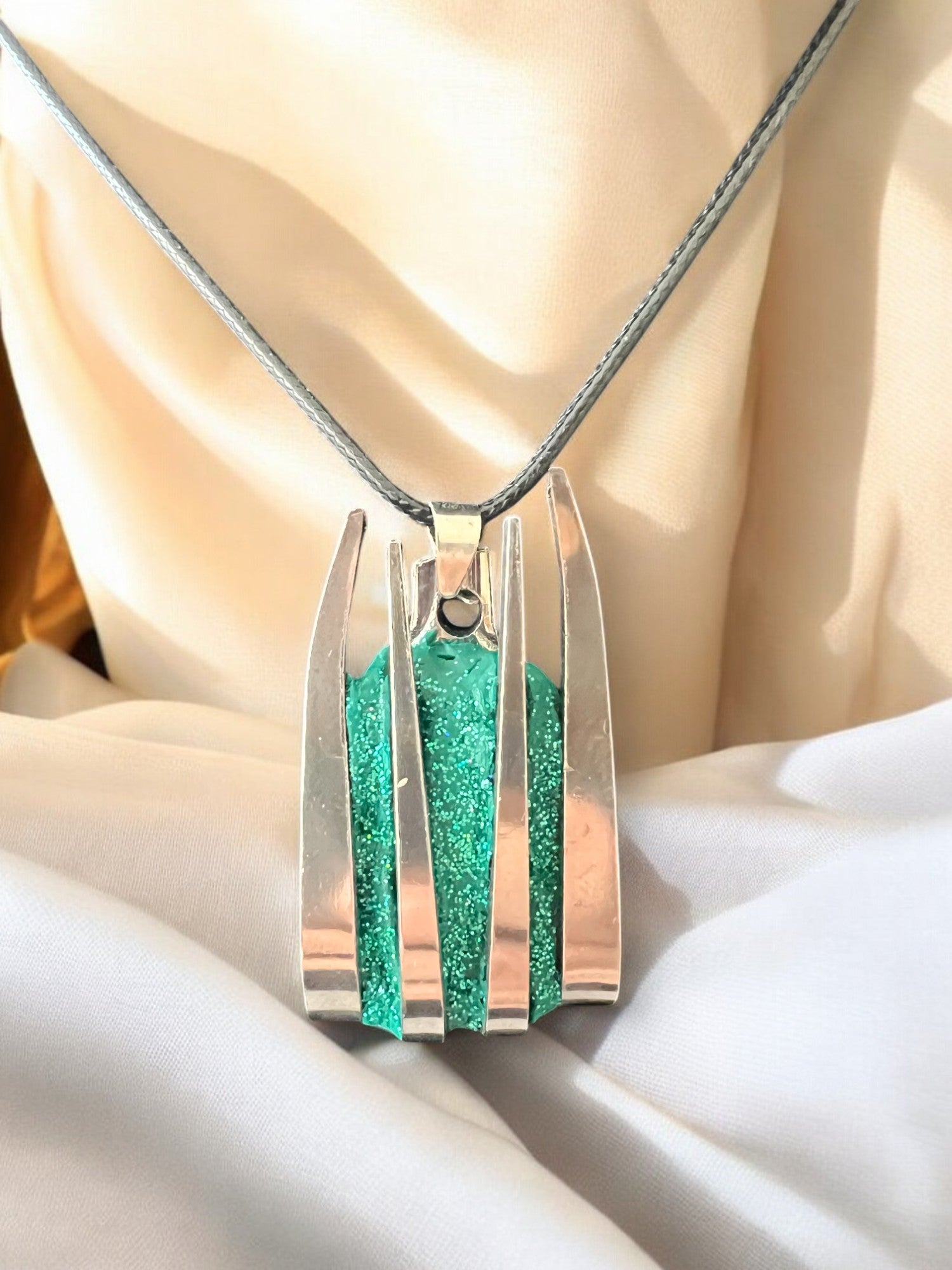 Handcrafted Metal Necklace With Green Glitter Polymer Clay