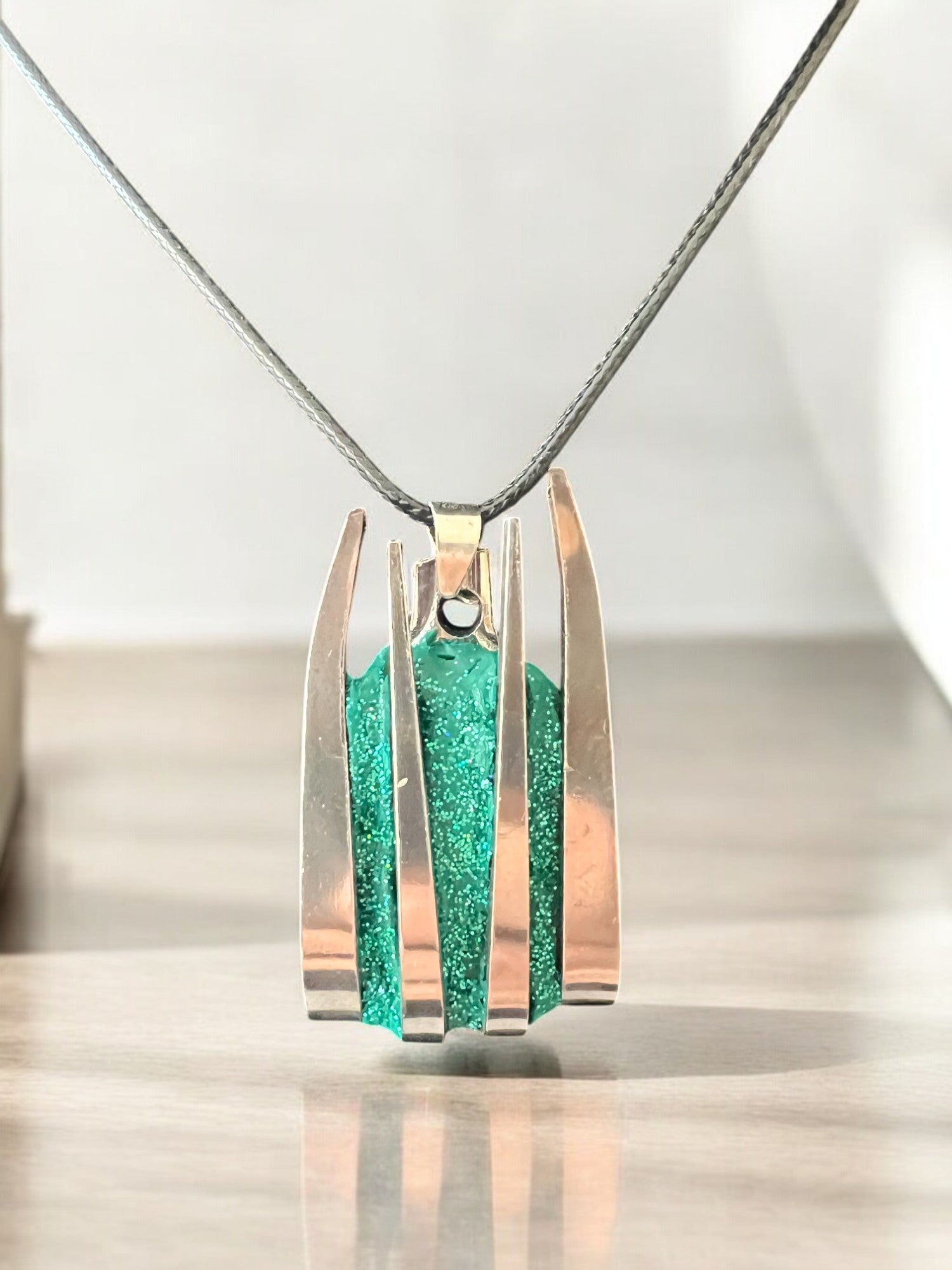 Handcrafted Metal Necklace With Green Glitter Polymer Clay