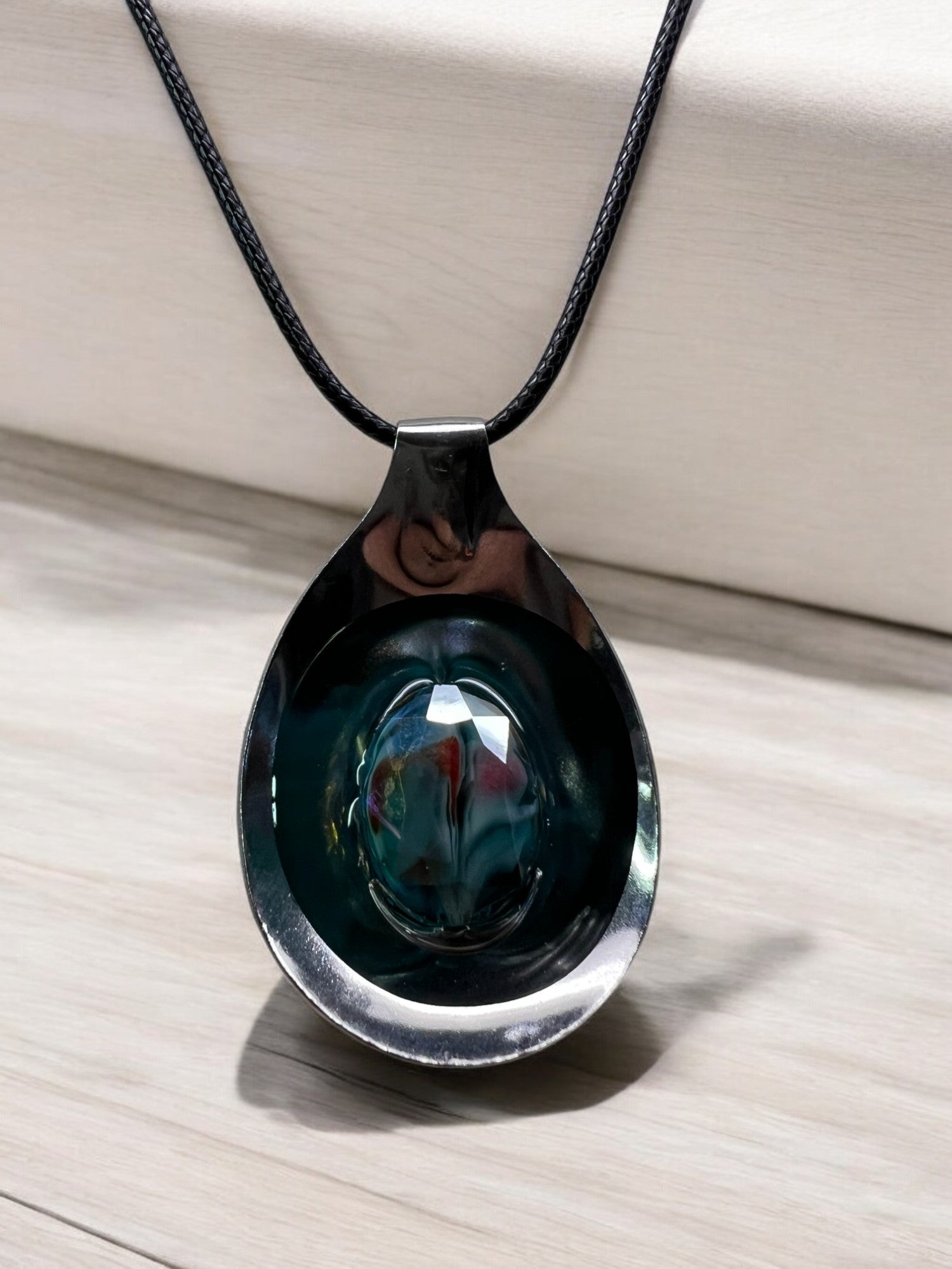 Green Oval Stone Spoon Pendant With 18" Adjustable Necklace