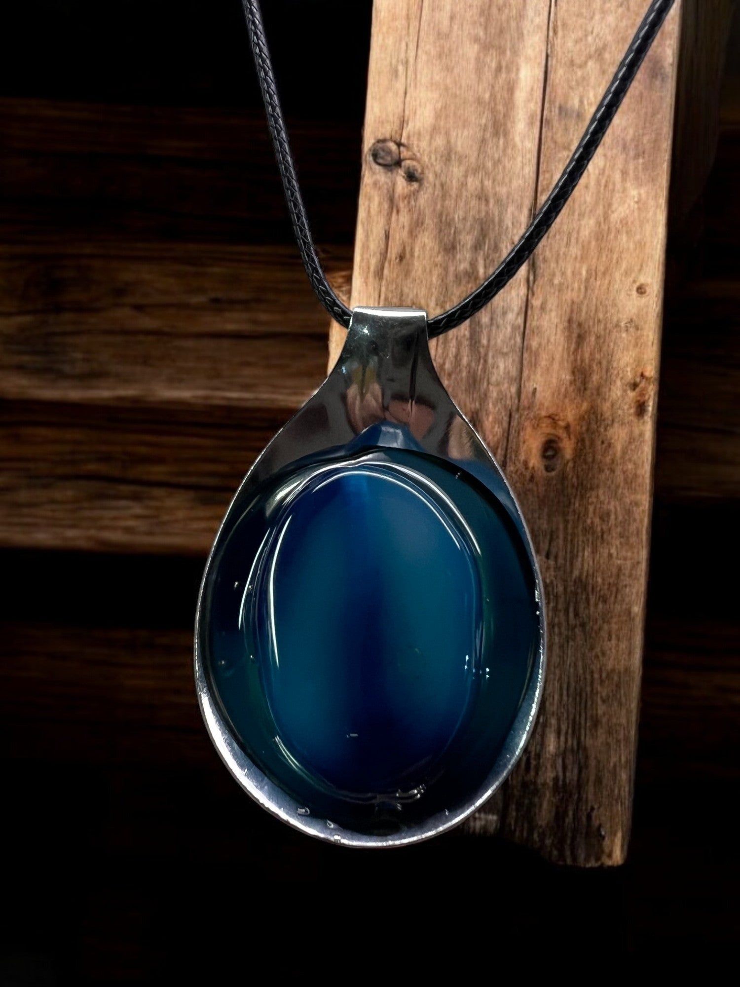 Blue Dyed Agate Spoon Pendant With 18" Adjustable Cord