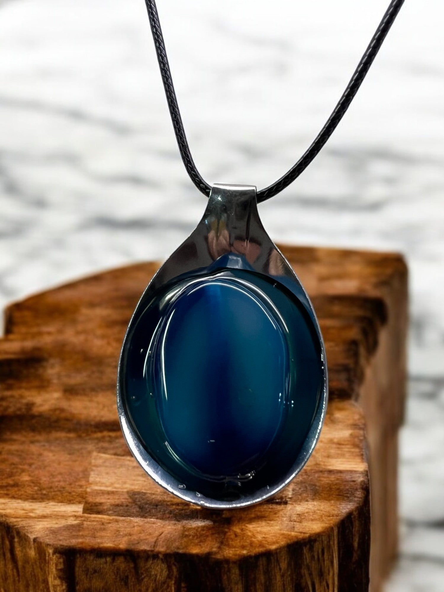 Blue Dyed Agate Spoon Pendant With 18" Adjustable Cord