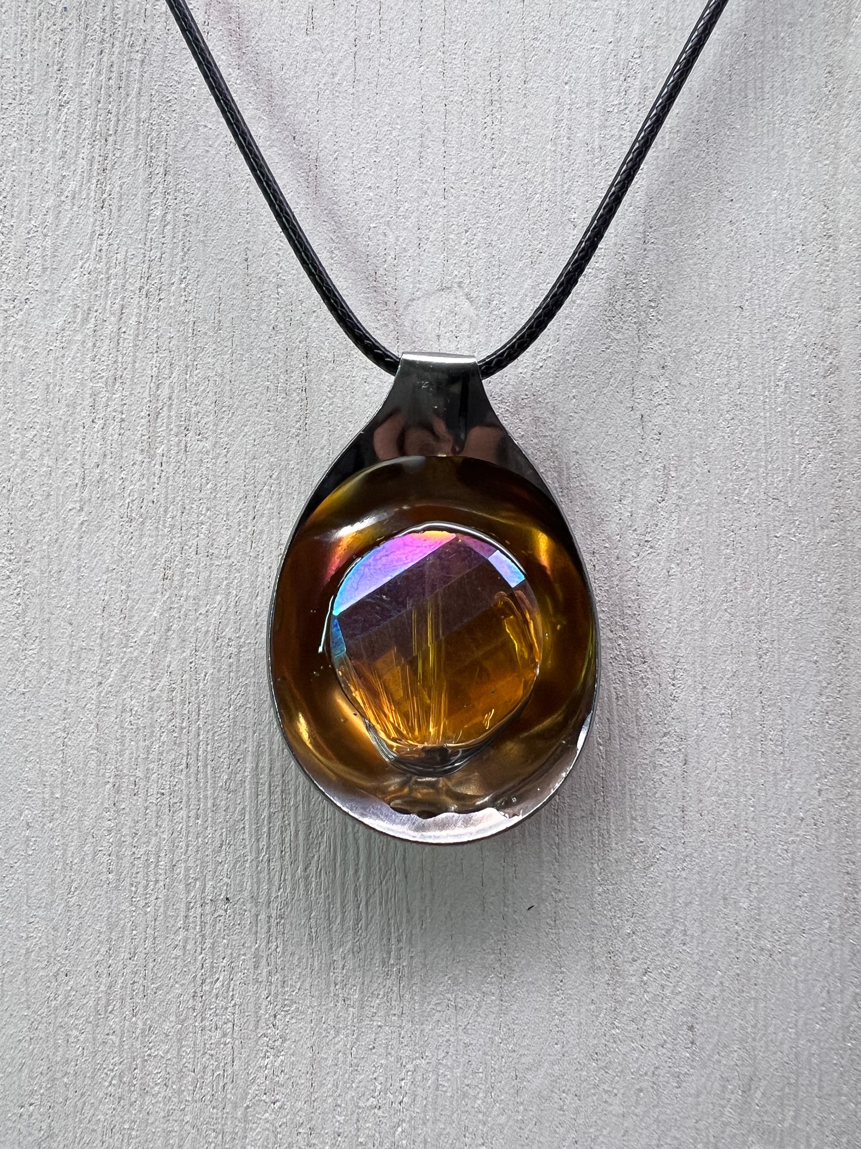 Amber Orange And Iridescent Colors Spoon Necklace