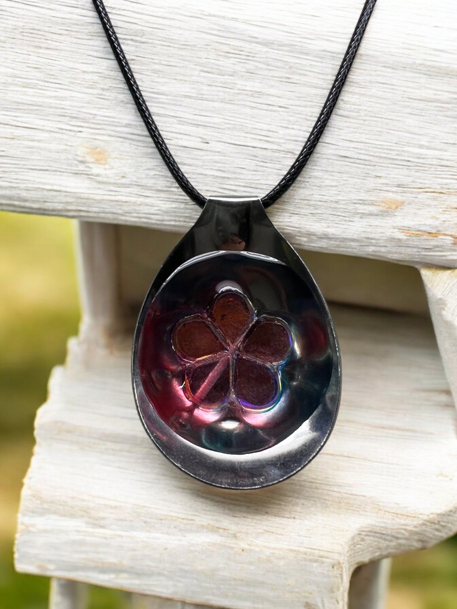Stainless Steel Spoon Necklace With Multi Colored Flower Decorative Stone With 18" Adjustable Necklace