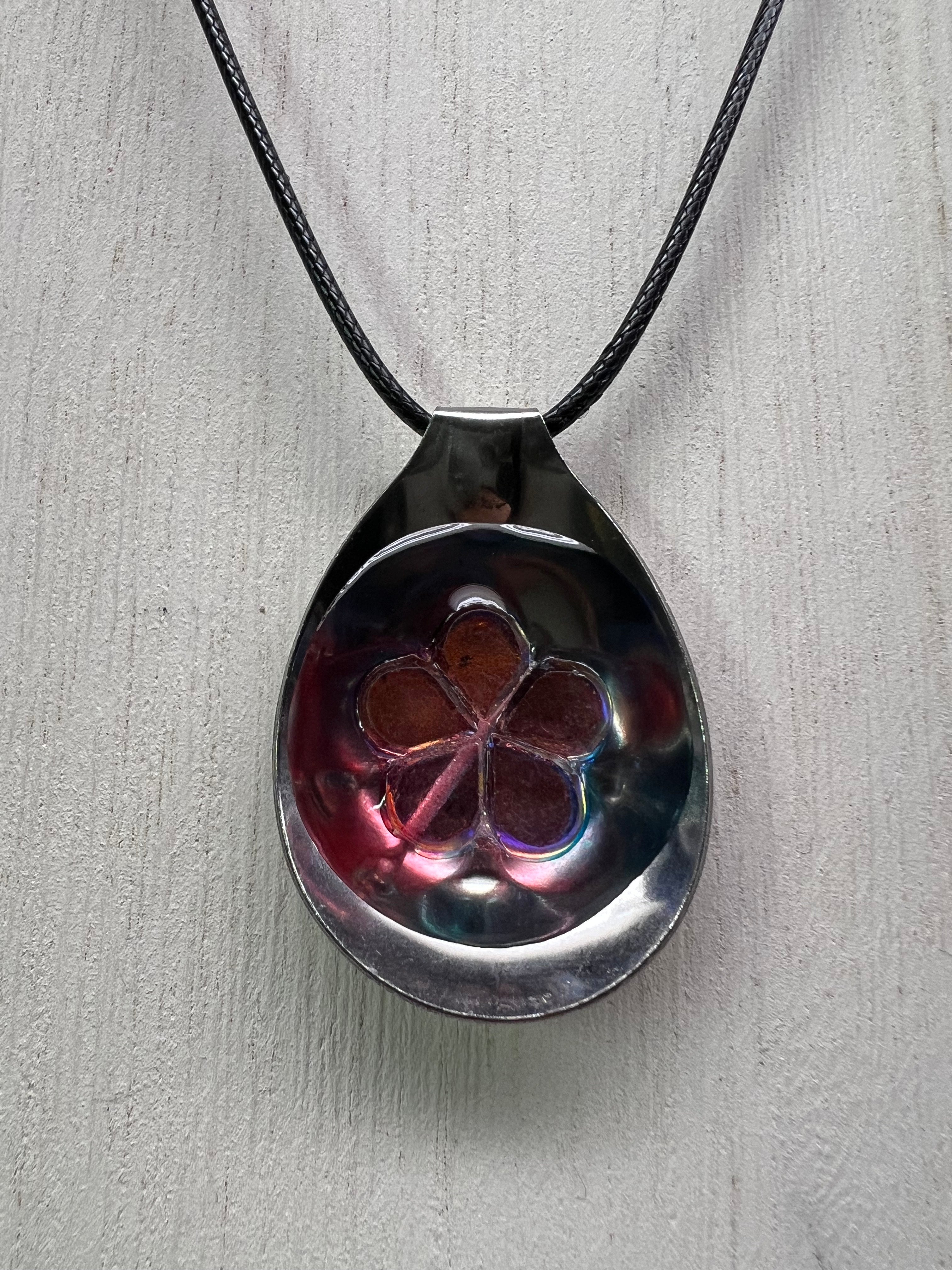 Stainless Steel Spoon Necklace With Multi Colored Flower Decorative Stone With 18" Adjustable Necklace
