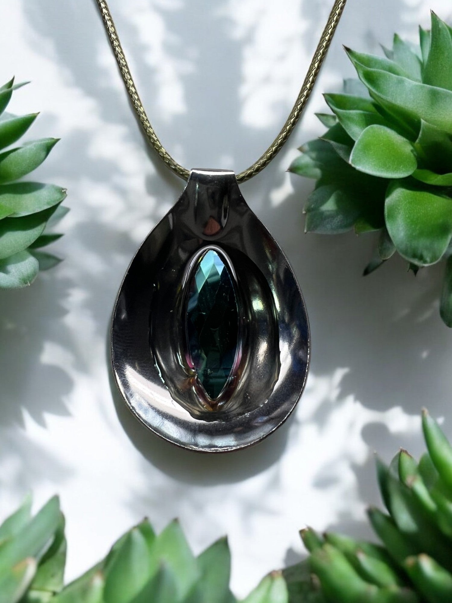 Spoon Pendant With Green Decorative Stone With 18"Adjustable Necklace