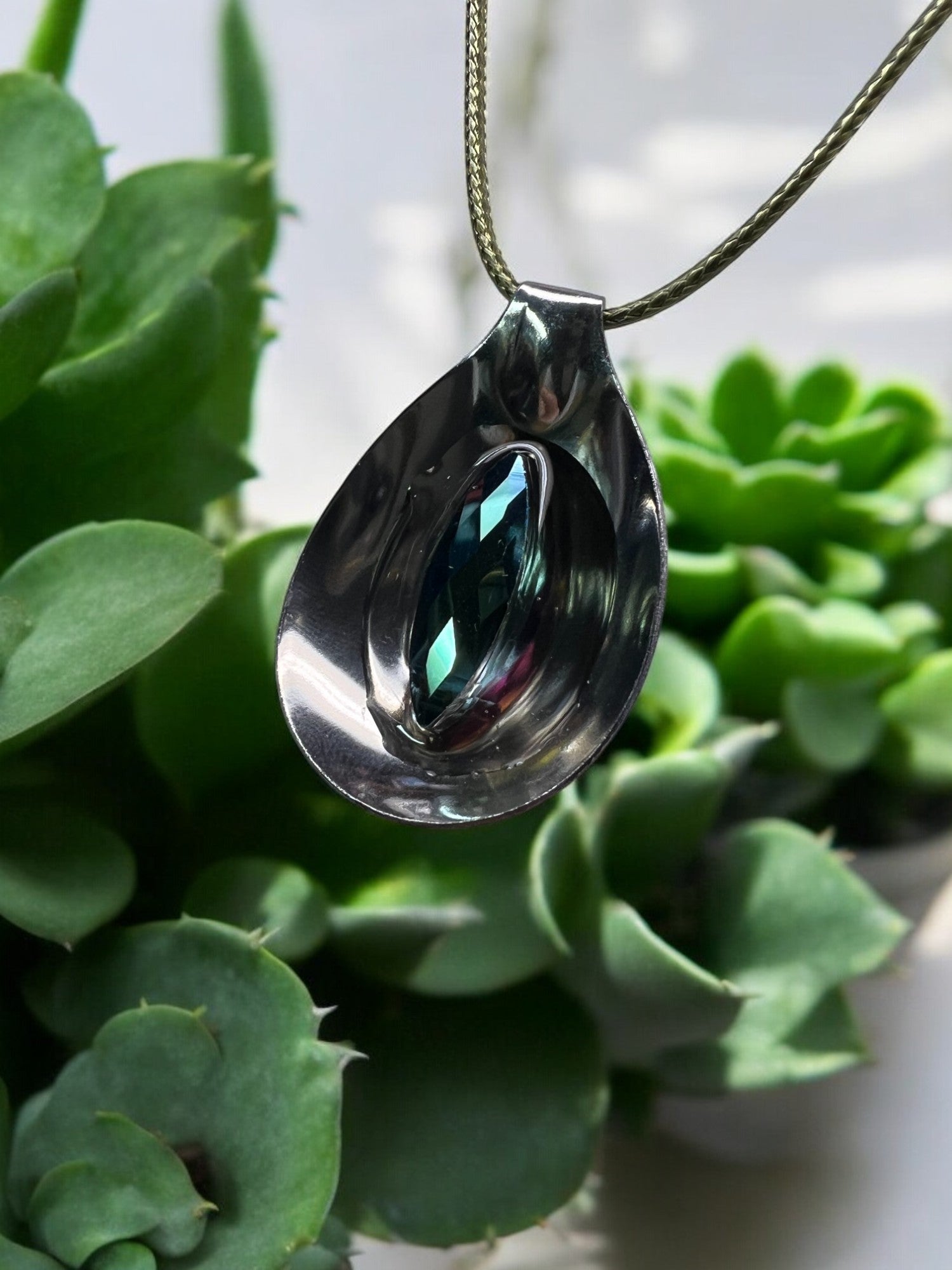 Spoon Pendant With Green Decorative Stone With 18"Adjustable Necklace