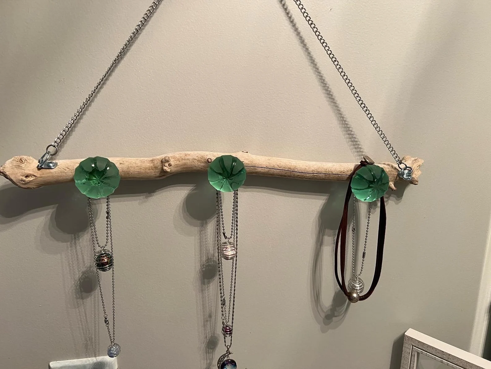 Driftwood Necklace Jewelry Hanger With Green Glass Knobs From India