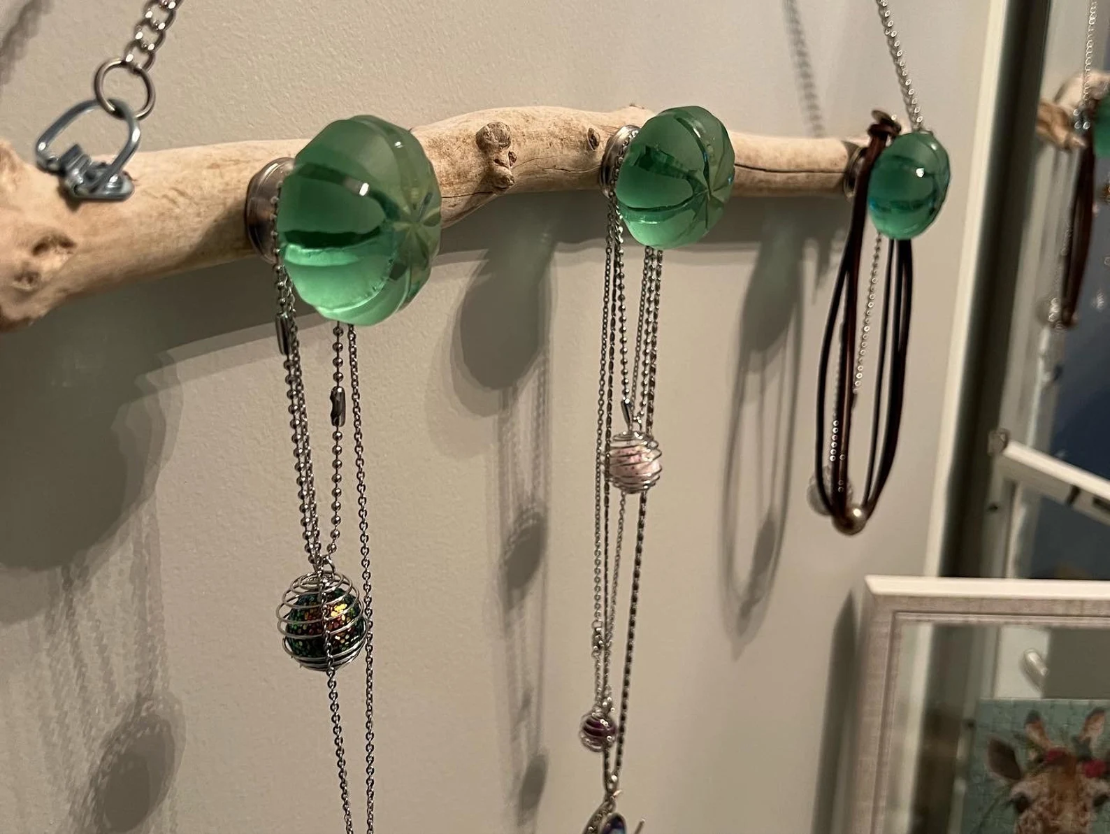 Driftwood Necklace Jewelry Hanger With Green Glass Knobs From India