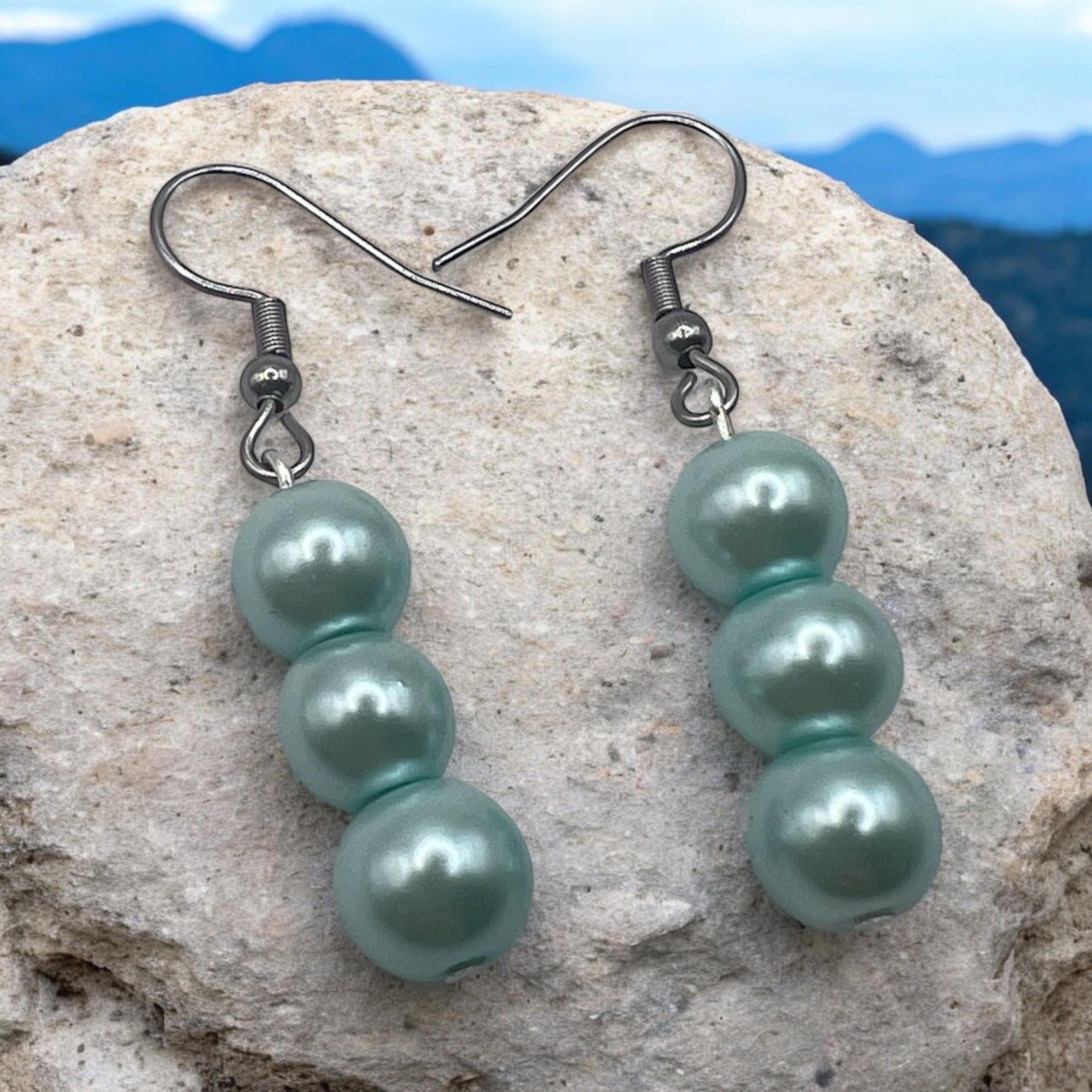 3 Bead Pastel Green Sea Foam Earrings