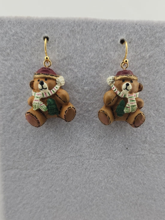 Cute Teddy Bear Winter Earrings in Brown with Green & Red Accents