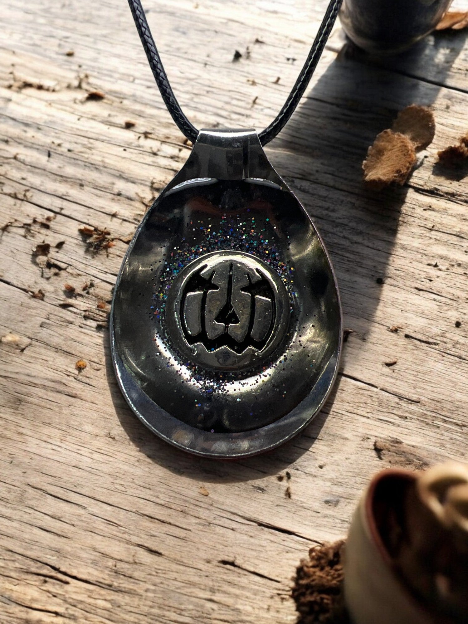 Spoon Pendant With Etched Pumpkin Face Silver With 18 " Adjustable Necklace