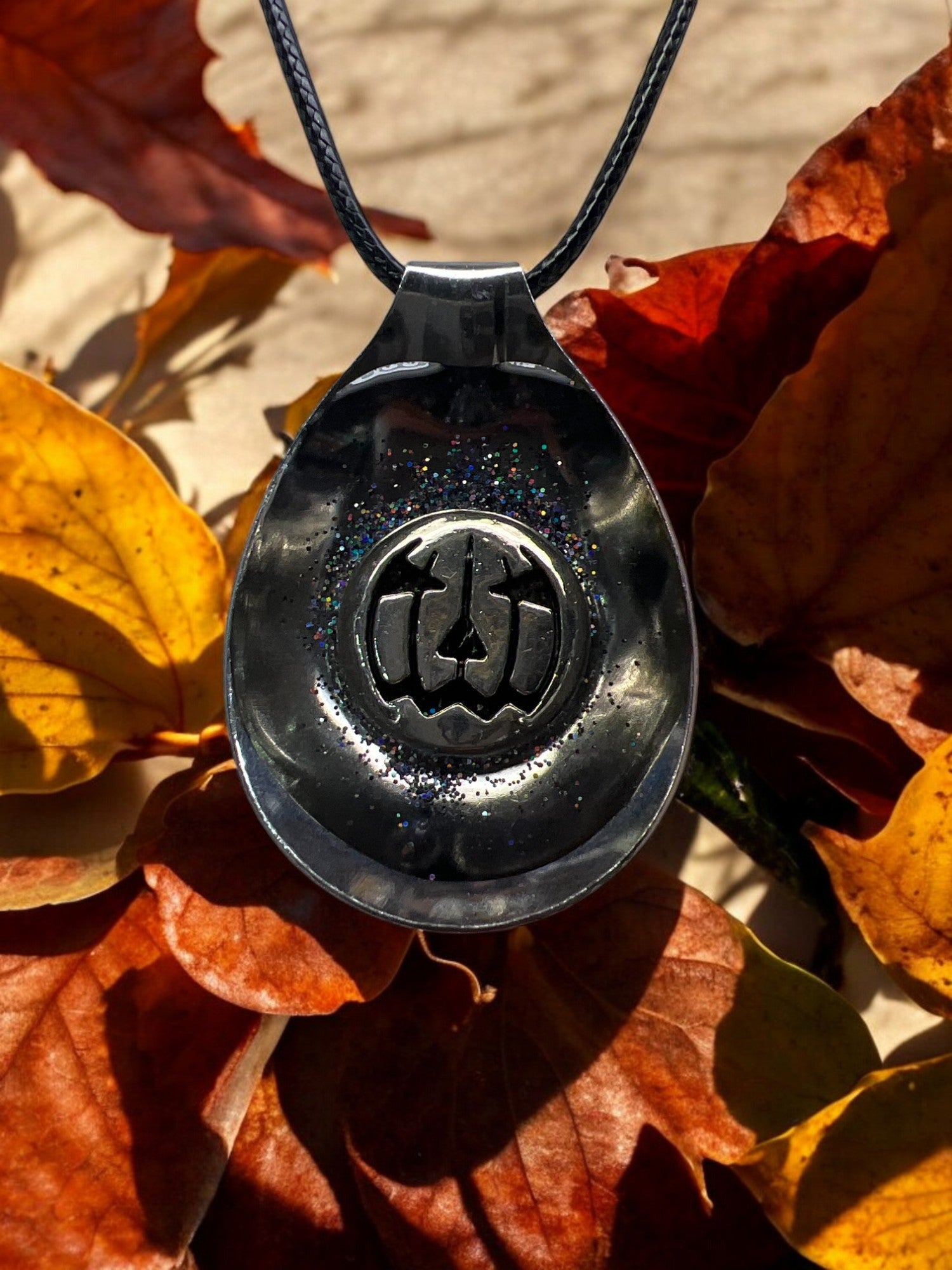 Spoon Pendant With Etched Pumpkin Face Silver With 18 " Adjustable Necklace