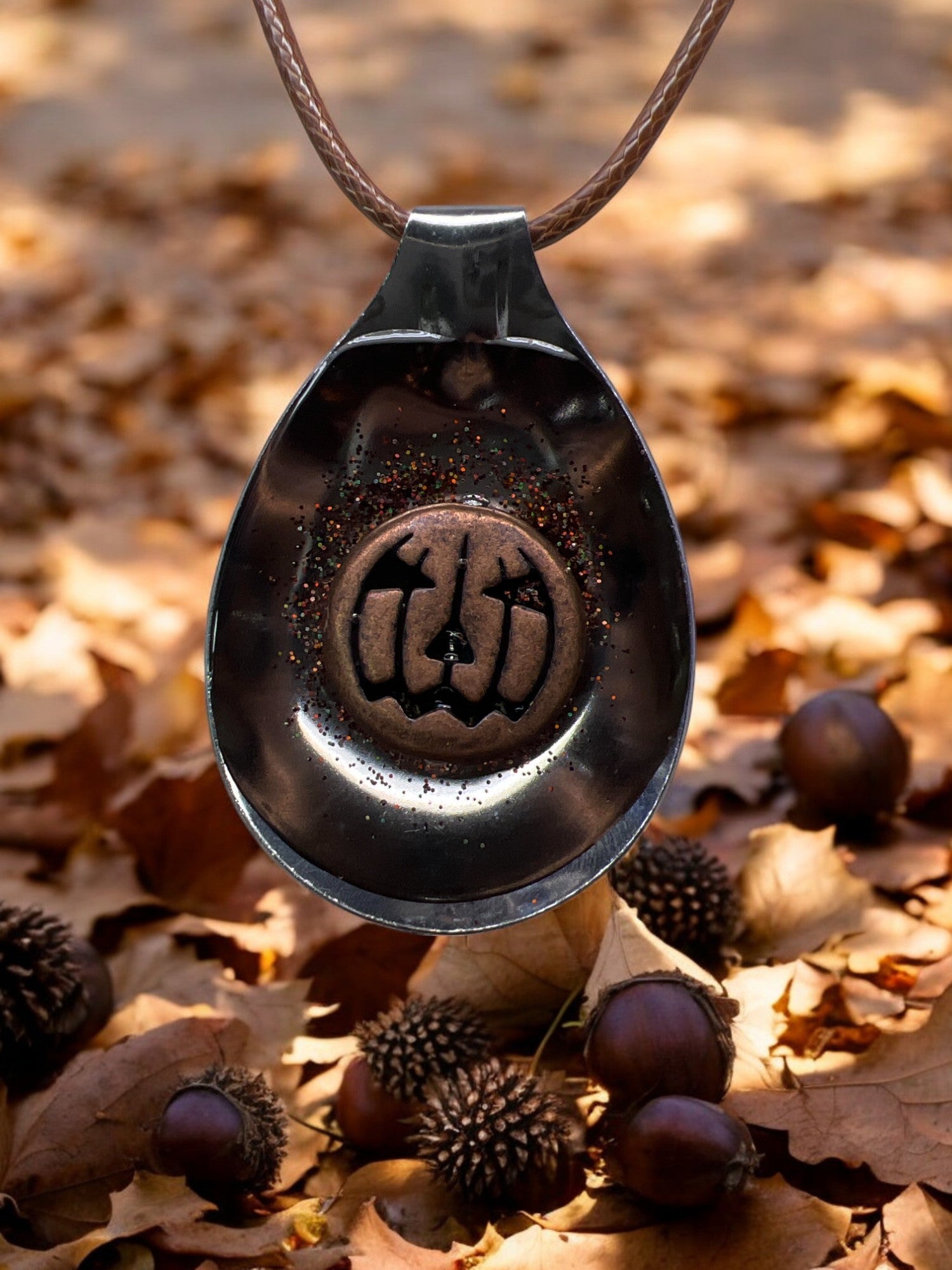 Spoon Pendant With Etched Pumpkin Face Bronze With 18 " Adjustable Necklace