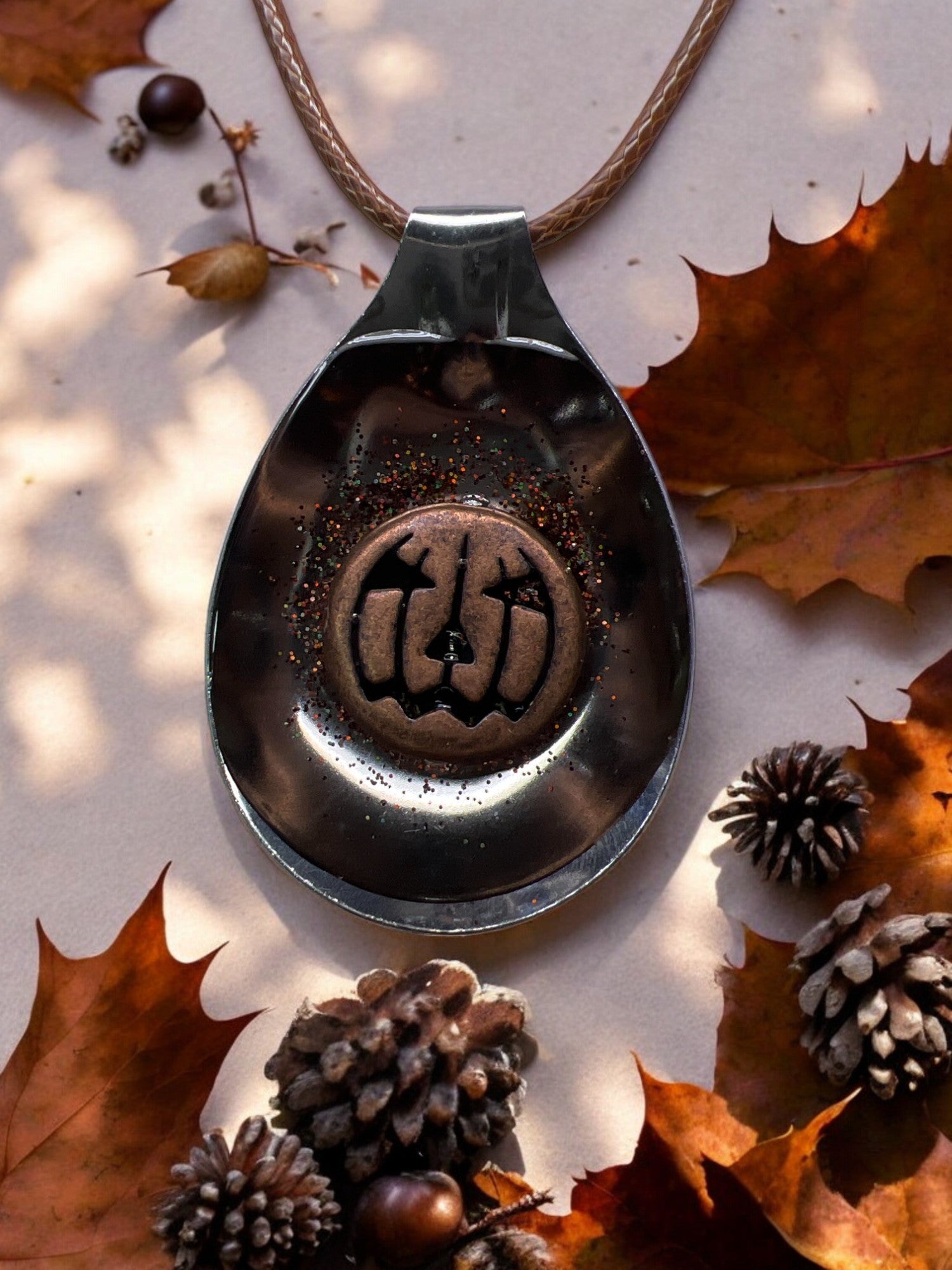 Spoon Pendant With Etched Pumpkin Face Bronze With 18 " Adjustable Necklace