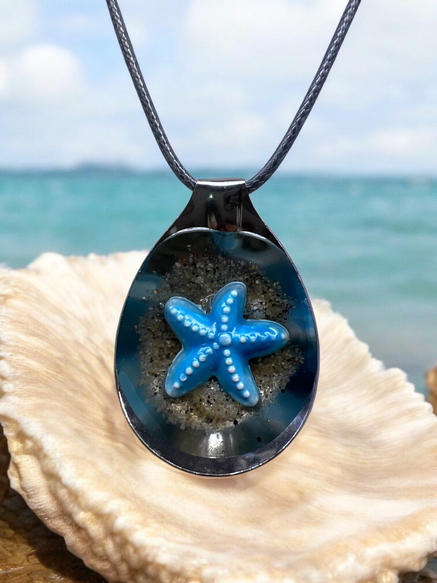 Star Fish Pendant Spoon With Real Sand From Jersey Shore With 18" adjustable Necklace