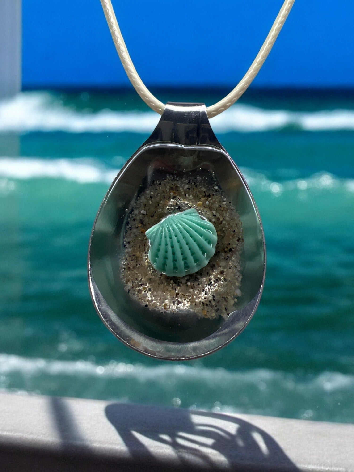Green Decorative Sea Shell With Really Sand With 18" Adjustable Necklace
